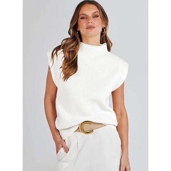 Caracilia White Knit Sleeveless Sweater, Layering Vest, Ribbed Mock Neck Top XL - Picture 6 of 8